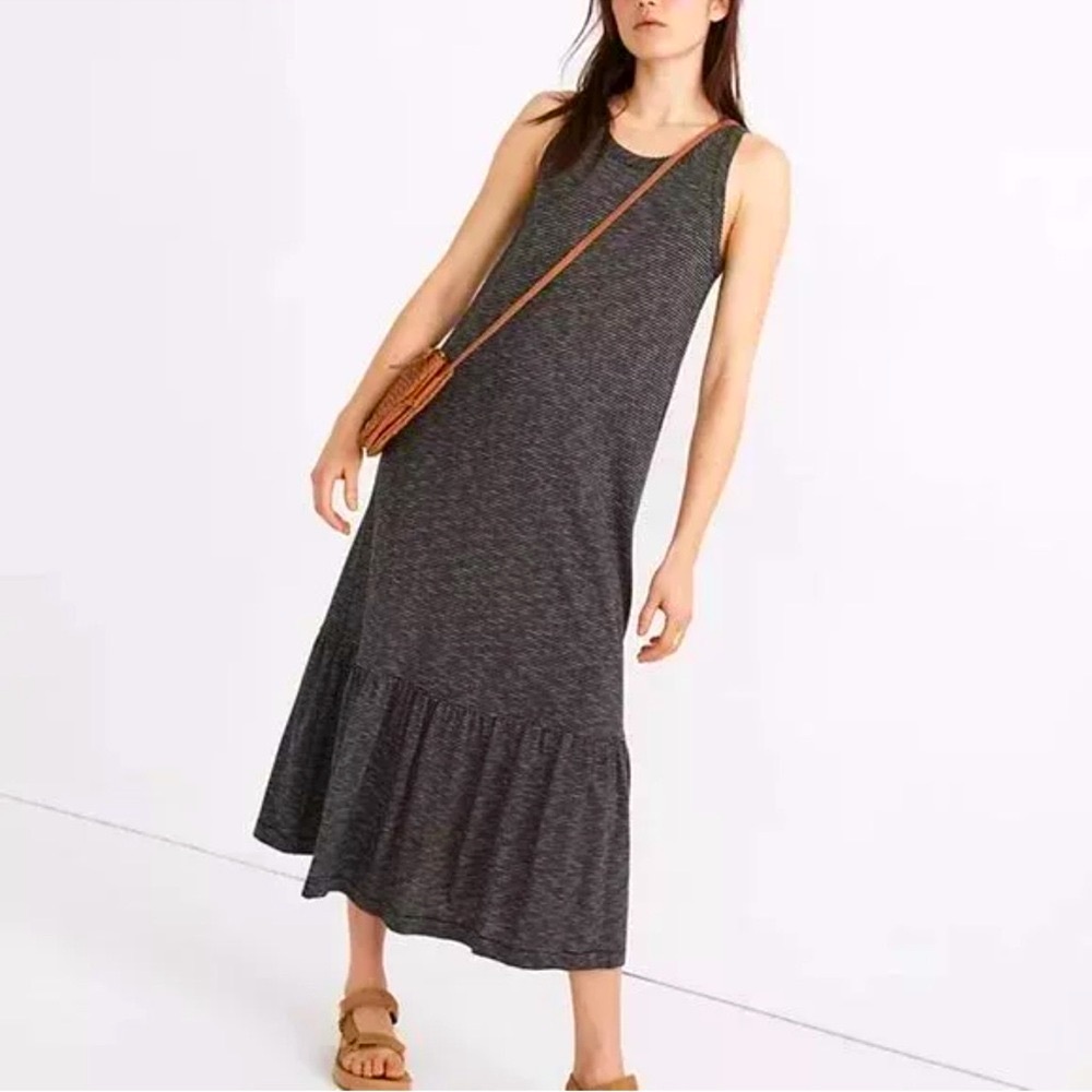 Madewell Maxi Tank Dress Women’s Size M Gray Woven Ruffle Hem Tiered Striped
